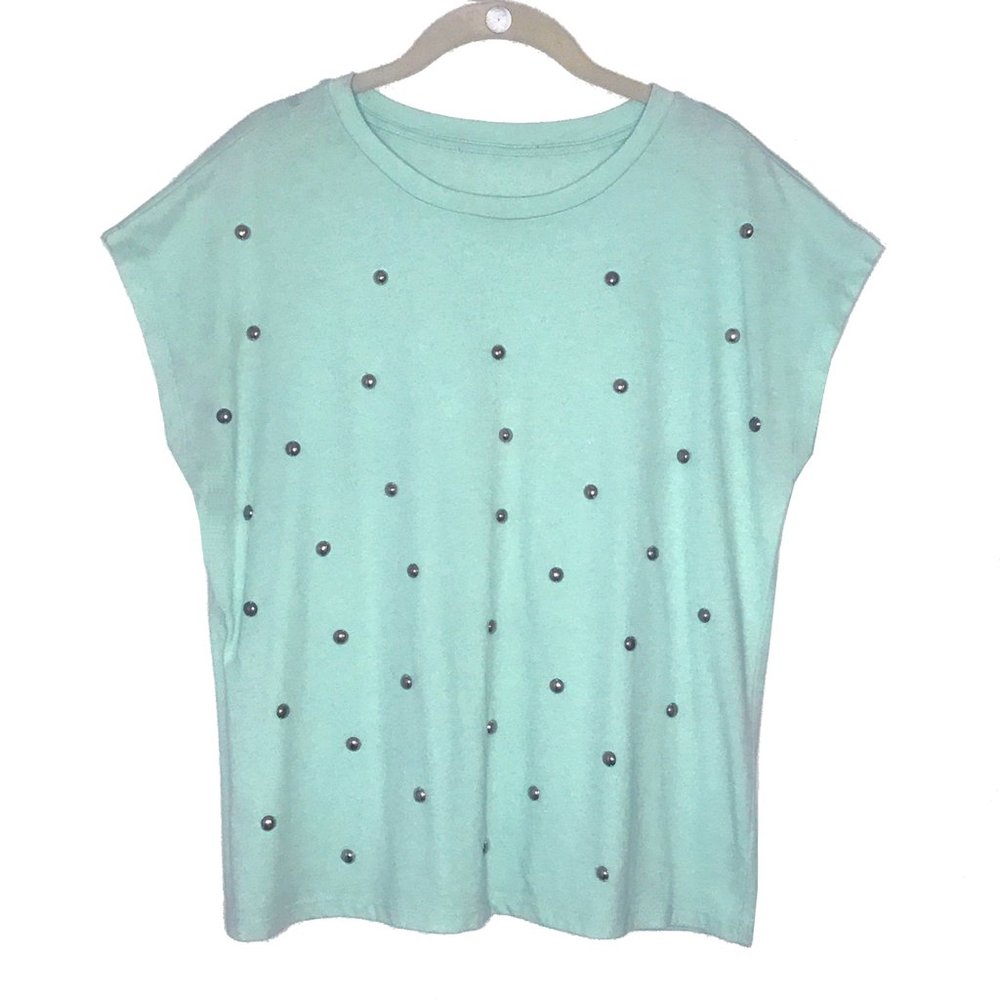 Mint T-Shirt with Silver Pearl Grommets Size L
